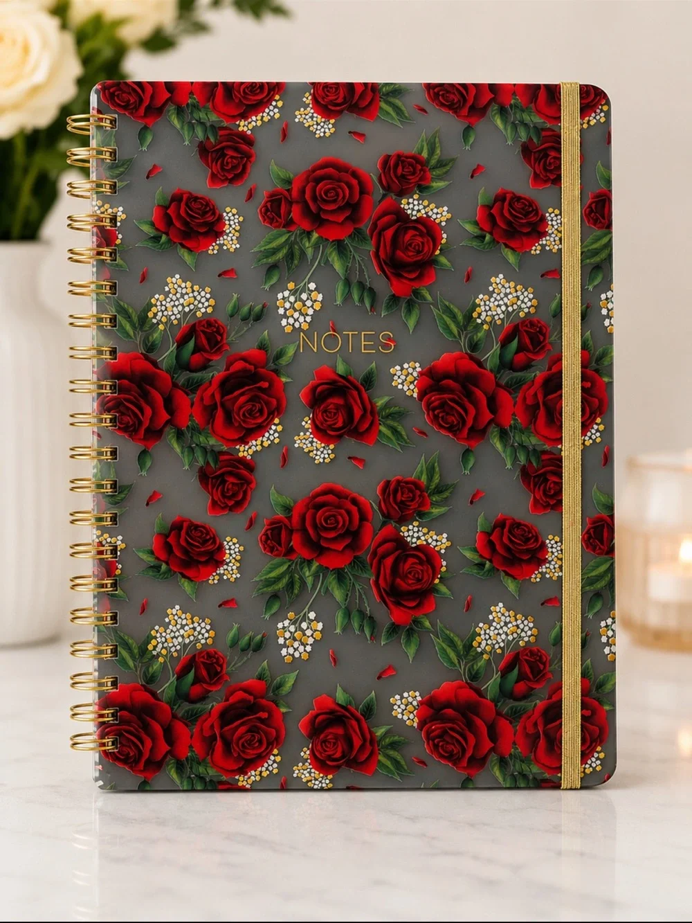 James Burke Red Rose Spiral Notebook with Gold Elastic